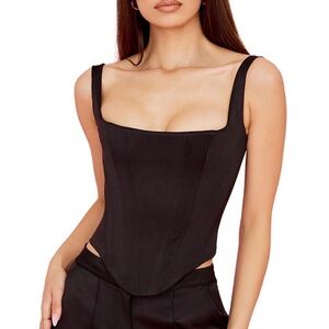 HOUSE OF CB Rafa Black Satin Longline Corset Top